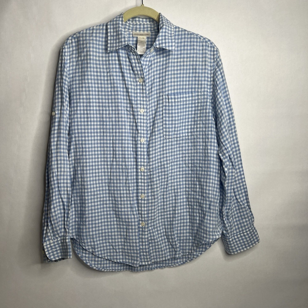 Vtg Jones New York Sport Blouse Blue & White Gingham M Long Sleeve 100% Linen
